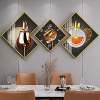 Horloge murale 3 panneaux de luxe nordique, peinture sur cristal, art mural moderne minimaliste pour fond de canapé, décoration de salon