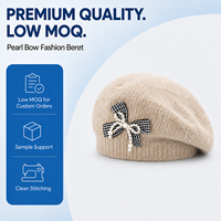 Béret en tricot beige pour femme, chaud et doux, ton avoine, avec nœud en carreaux vichy et perle, élégant, neutre, chic, vente en gros