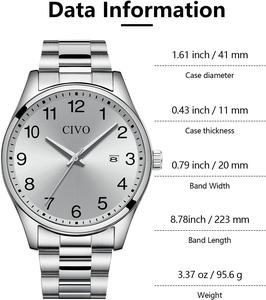 Montre à charme pour homme <span class=keywords><strong>CIVO</strong></span> en acier inoxydable, étanche 3 BAR, quartz analogique, verre cristal luminescent, cadran de 41 mm, boucle à bouton, tendance - Product Image 6