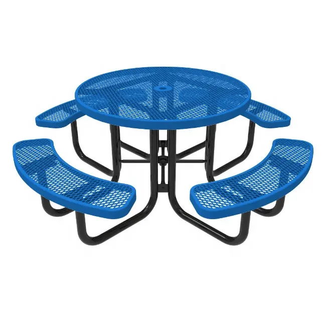 Outdoor Thermoplastic Steel Round Commercial Picnic Table Bench Restaurant Outside Furniture Metal Dining Table With Umbrella