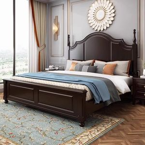 Cama de Madera Estilo Americano de 1.8m de Ancho, Cama Doble Moderna Minimalista, Estilo Retro Francés, Cama de Matrimonio de Lujo Ligero - Product Image 2