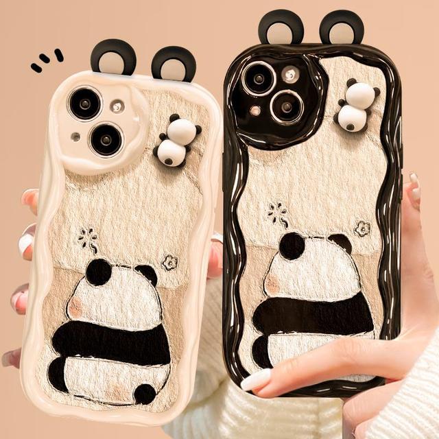 3D Stereo Panda Shape TPU Phone Case With Double Ear Pendant for iPhone 17 Pro Max 16 15 14 Plus 13 12 11 XR Cute Case Cover