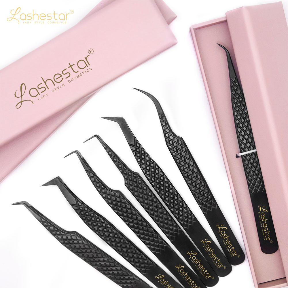 Großhandel Black Fiber Tip Volumen Wimpern Pinzette für False Eyelash Extension individuelles benutzer definiertes Logo 90 Grad Faser griff Pinzette