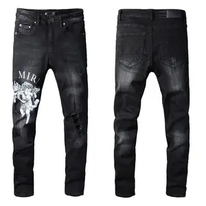 Amiriy Huy Hiệu Các Bản Vá Lỗi Đen Men's Slim Phù Hợp Với Jeans Cao Đường Phố Thêu Baggy Ripped Skinny Jeans Cho Nam Giới