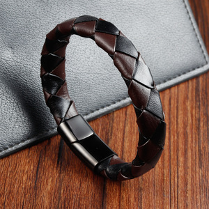 Men's Handcrafted Double-Layer Braided <b>Leather</b> <b>Bracelet</b> Black Cowhide & Stainless Steel - Product Image 1
