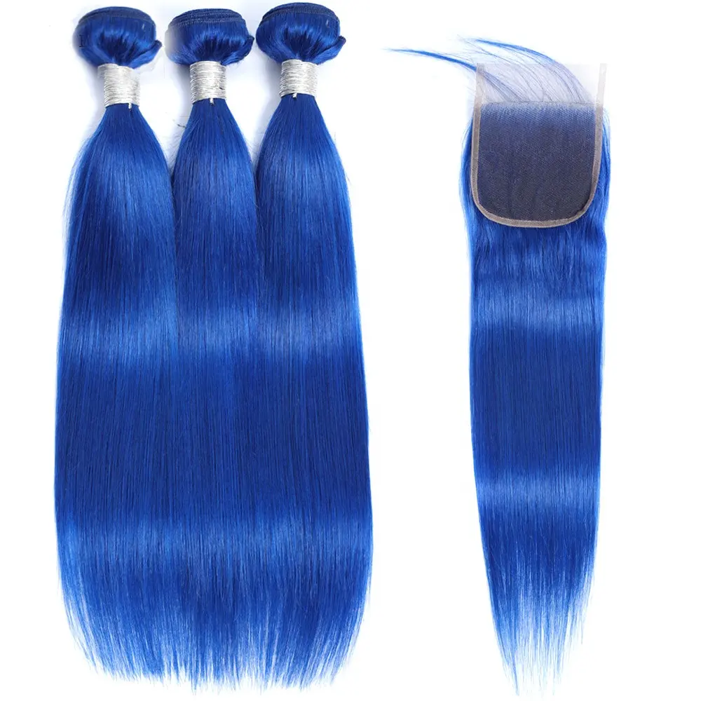 Extensión de cabello brasileño liso, sedoso, barato, grado 10a, mechones de pelo azul y negro con cierre y frontal