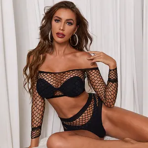 Sexy lingerie feminine hollow top and bottom two-piece black long-sleeved net