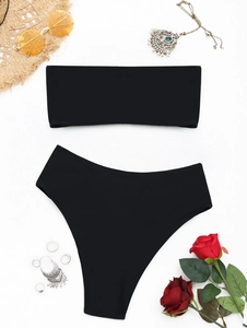 Customized Summer Recycled Swimsuits High Waist Swimwear Ribbed Crinkle <b>Bathing</b> Suit Two-piece Split Bandeau Bikini for Ladies - Product Image 3