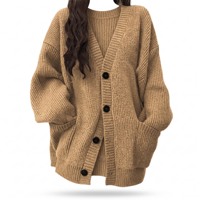 Cardigan en tricot ample à col en V pour femme, couleur unie décontractée mi-longue, collection printemps-automne, vêtements féminins transfrontaliers en gros