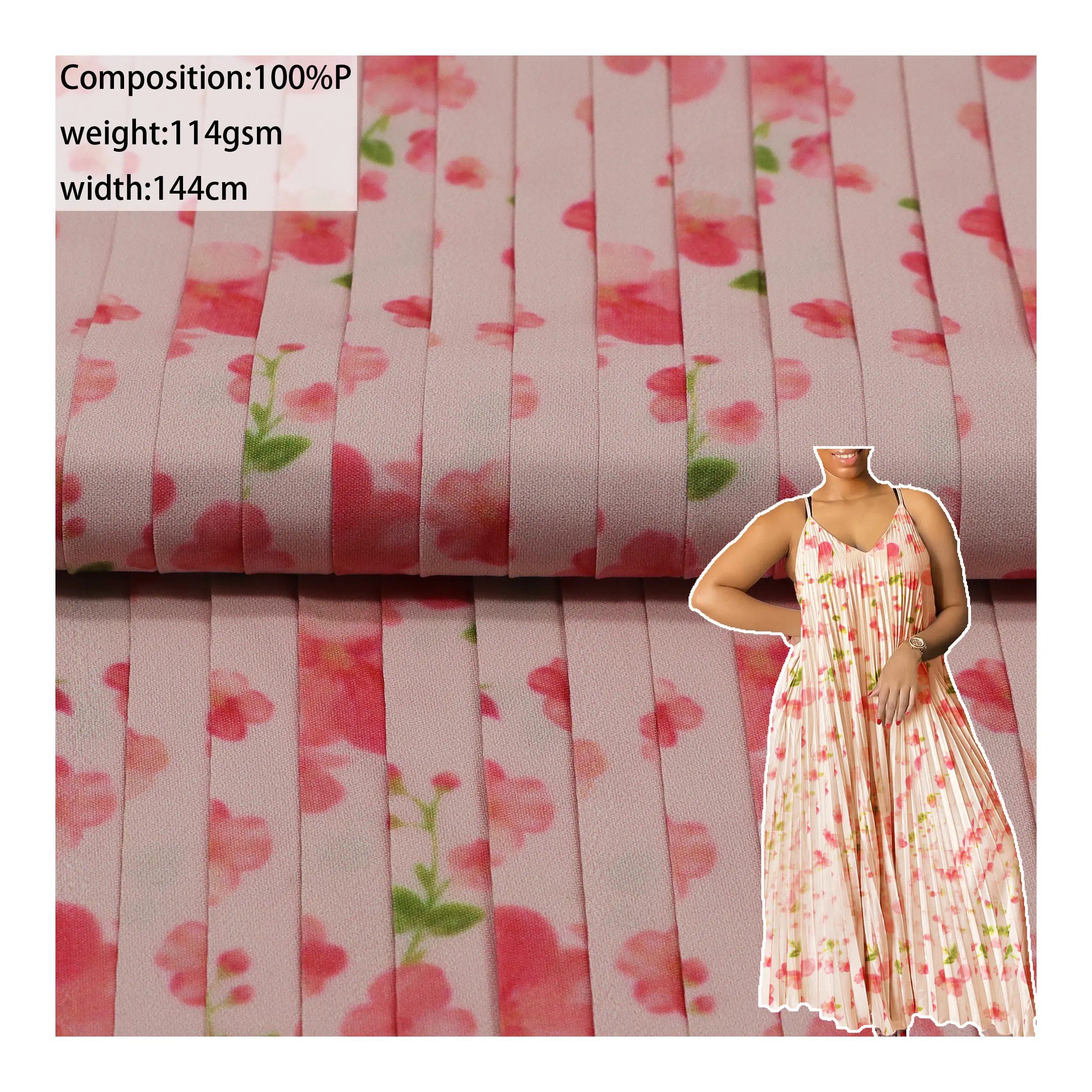 Tecido chiffon floral estampado tecido chiffon plissado tecido laminado não tecido para saia