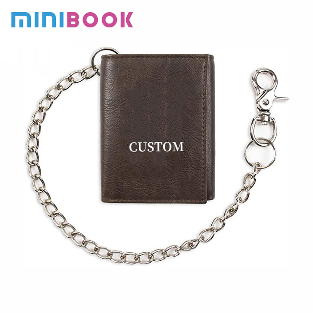 Men's Trifold Chain Wallet with Id Window and Credit Card Pockets Minimalist Genuine Leather Biker Chain Wallet