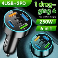 Cargador de Coche de 250W con 5 Puertos, Carga Rápida PD QC3.0, Adaptador de Cargador de Teléfono USB C para Coche con Indicador de Voltaje para iPhone, Samsung, Huawei, Xiaomi