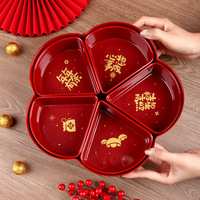 Plateau à bonbons rouge de style chinois à cinq compartiments, pour salon, table basse, mariage, boîte de rangement pour noix, fruits du Nouvel An