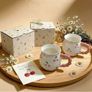 Taza de Café de Cerámica con Relieve 3D Pintada a Mano, Personalizable de Fábrica, 350 ml, Ecológica, con Diseño de Cereza, para Regalo - Product Image 2