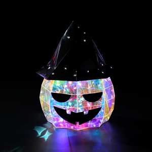 Lanterne citrouille d'Halloween irisée, décor LED Jack-o'-lantern, chapeau de sorcier citrouille holographique prismatique pour accessoire de fête en extérieur - Product Image 2