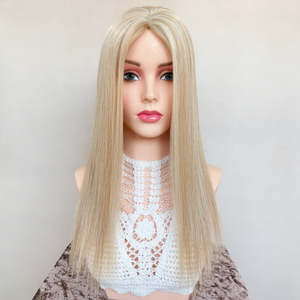 ท็อปเปอร์ผมแท้ยุโรป 100% ฐานไหมหรูหรา ถักด้วยมือ ไฮไลท์<span class=keywords><strong>สี</strong></span>บลอนด์  โซลูชั่นที่ดีที่สุดสำหรับผู้หญิง<span class=keywords><strong>ผม</strong></span>บาง - Product Image 5