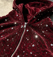 Blouson court oversize en velours épais avec fermeture éclair intégrale, motif léopard gaufré et strass dégradés, style streetwear, personnalisable OEM