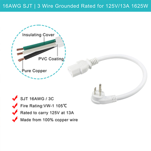 Straight Plug /90 45 Degree NEMA 5-15P to C13 <b>Power</b> Cord 13A 125V, 16AWG, White,TV 3 Prong AC <b>Power</b> Cord, PC <b>Power</b> Supply <b>Cable</b> - Product Image 2