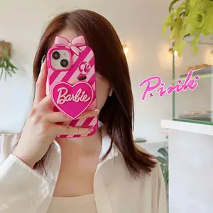 Bracket Barbie for Apple 15 pro max Rose Pink Stripe for iPhone 13 Silicone Heart Bow 14 Phone Case 12