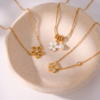 Kalung Mutiara Zirkon Baja Anti Karat Lapis Emas 18k Motif Bunga Terlaris, Perhiasan Wanita Fashion Mewah Ringan