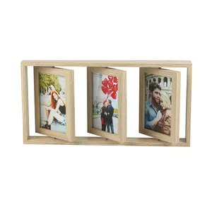 4x6 Picture Frame Natural Wood Triple Picture Frames Collage FrameDouble-Sided Display Rotatable High Definition Glass For Table
