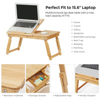 Combohome Bureau pour ordinateur portable de grande taille Table plateau pliante en bambou avec dessus inclinable, petit tiroir, pour bureau à domicile, chambre à coucher
