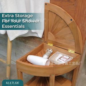 Wooden Shower <b>Stool</b> With Storage Rustic Design For Bathroom Use - Product Image 1