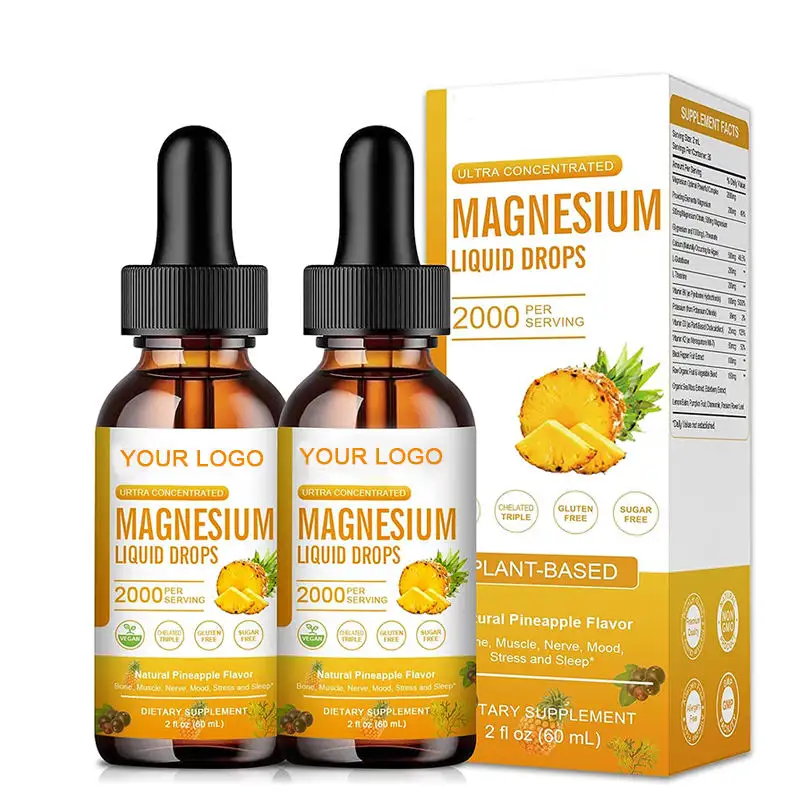 Gotas líquidas de magnesio de 500mg OEM, gotas líquidas de glicinato de magnesio vegano con bromelina, vitaminas, tintura de potasio para la calma