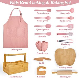 Ensemble de cuisine et de pâtisserie pour enfants avec ustensiles en silicone, couteau de sécurité pour enfants, rouleau à pâtisserie, planche à découper, tablier et panier de transport - Product Image 3