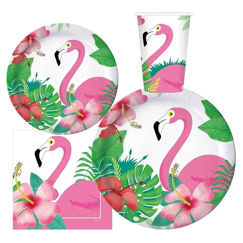 Citroen 120Pcs Hawaiiaanse Tropische Flamingo Feestartikelen Dessert Papieren Borden Kopjes Flamingo-Thema Feestdecoraties