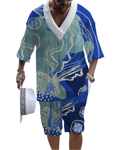 ชุดเซ็ตสองชิ้นผู้ชายสไตล์วินเทจสำหรับฤดูร้อน ขายดี เสื้อยืดคอกลมแขนสั้น กางเกงขาสั้น ระบายอากาศได้ดี - Product Image 1