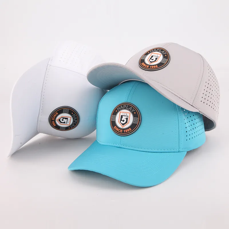 Yüksek kalite özel 5 veya 6 panel kauçuk pvc logo beyzbol şapkası su geçirmez lazer kesim delik delikli şapka golf baba şapka