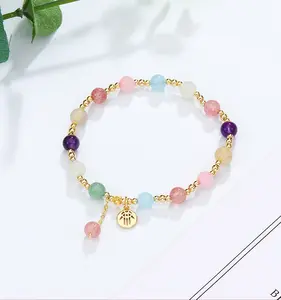 Feng Shui Jewelry 18K Real Gold Plated Natural Stone Colorful Jade Hamsa Hand Charm Elastic Lucky Bracelet For Women