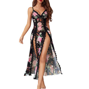 Nouvelle lingerie sexy transfrontalière 2025 : Nuisette séduisante et irrésistible avec dentelle, fente, jupe longue imprimée et string. - Product Image 5