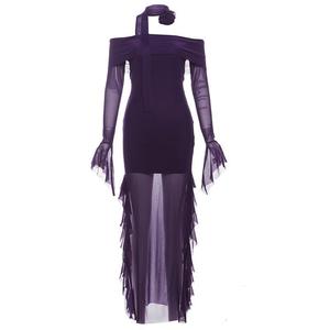 Off-Shoulder Mesh Long Sleeve Dress Dark Purple High Low Bodycon Fishtail <b>Split</b> <b>Skirt</b> Women Summer Bridesmaid Dress - Product Image 5