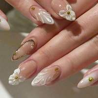 Lot de 24 faux ongles semi-artisanaux à presser, motifs colorés printemps-été, avec fleurs 3D, perles et strass œil de chat, fabrication machine.