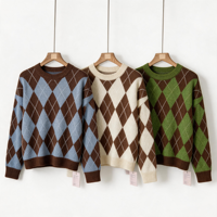 Pull-over Femme Automne Hiver Col Rond en Tricot Argyle Coupe Ample Doux Manches Longues Style Vintage Vente en Gros Usine Service OEM