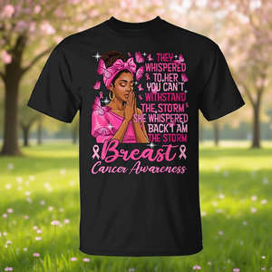 Camiseta negra de concienciación sobre el cáncer de mama con lazo rosa, diseño I Am The Storm para mujeres y hombres - Product Image 3