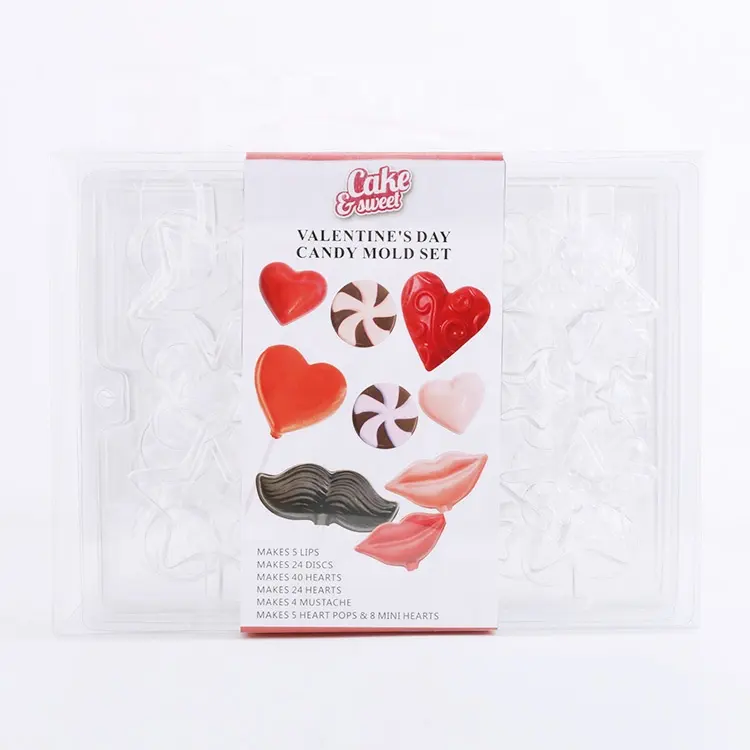 LFGB-Conjunto de moldes de plástico transparente para hornear, 6 unidades, labios bonitos, corazones, bigote, chocolate, comercial, dulces personalizados