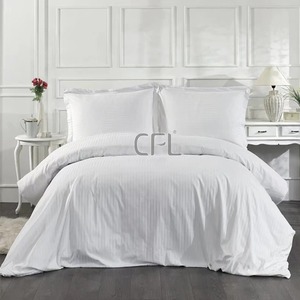 Hotel Quality 300TC <strong>White</strong> 100% Cotton Bedding Set 3cm Stripe Duvet Cover <strong>Fitted</strong> Bed <strong>Sheet</strong> for Hotels Hospitals Inns Villas - Product Image 2