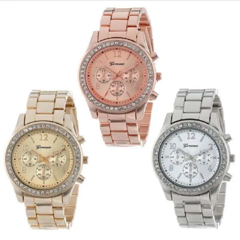 Großhandel Custom Logo Genf Drei-Augen-Diamant legierung Uhr für Männer und Frauen Stahl gürtel Schmuck uhren