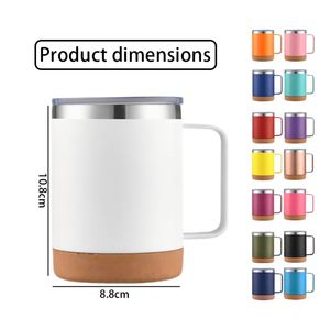 Custom Cork Bottom Powder Coated Matte Coffee Cup 12 oz <b>Double</b> <b>Wall</b> Vacuum Insulated Cork Base Stainless Steel Mug with Handle - Product Image 2