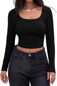 Wholesale Women Ribbed Knit T Shirt Square Neck Long Sleeve <b>Cropped</b> Slim Fit Summer Casual <b>Top</b> Embroidery Logo - Product Image 6