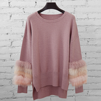 Vente en gros de pulls colorés en fourrure à col rond et poignets en fourrure chandails en tricot pour femmes pulls à la mode avec fourrure