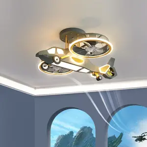 Helicóptero de decoração multi velocidade, controle remoto, regulável por aplicativo, ventilador de teto moderno para quarto de crianças, ventilador de teto com led