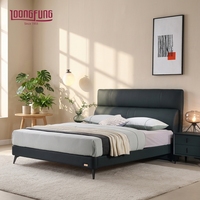 Lit double LOONGFUNG en cuir véritable avec tête de lit ergonomique et sommier à lattes en pin massif pour chambres à coucher