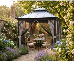 Gazebo de luxe à toit rigide permanent 12x12 pieds en acier galvanisé, double toit, structure en aluminium, pavillon de jardin avec rideaux - Product Image 1