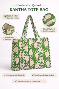 Sac fourre-tout en coton vert matelassé Kantha fait à la main avec fermeture éclair imperméable réversible patchwork pour les voyages, les courses et l'usage quotidien - Product Image 6