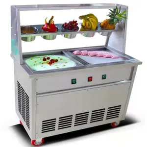 Ticari paslanmaz çelik çift dondurma makinesi kızarmış dondurma rulo makinesi kuru buz kırıcı dondurma makinesi