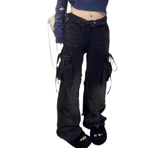 Usine personnalisée Jeans Jeans pour femmes Stars Retro Washed Distressed Wash Design Patchwork Cargo Pants Jeans pour femmes - Product Image 3